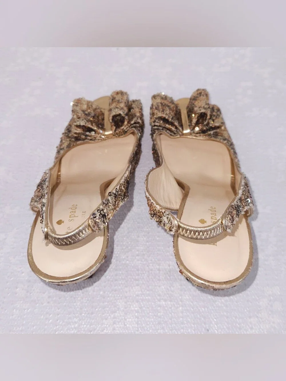 KATE SPADE Sawyer Sequin Bow Pumps Gold Slingback Peep Toe Heels US 8